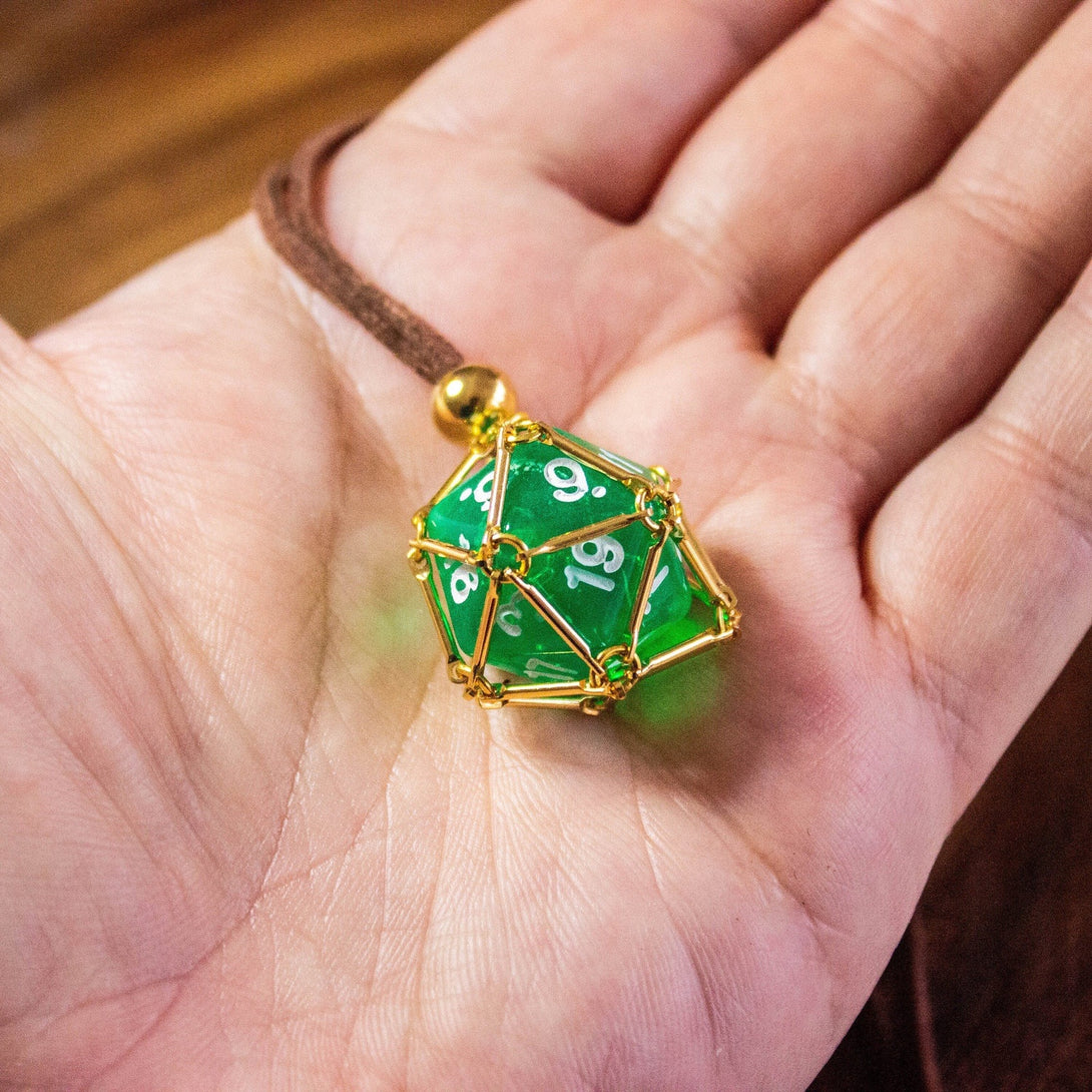 D&D D20 Dice Necklace - Removable Full Size D20 - Faux Suede Leather Brown Cord | Many Dice Colours | RPG Fantasy Gift DND - MysteryDiceGoblins