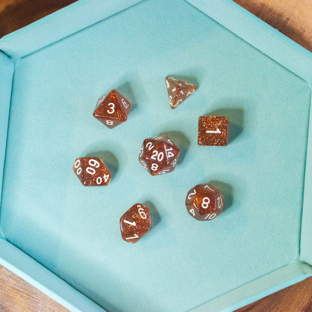 Amber Shimmer Dice Set | Brown Dice for DnD | Dungeons and Dragons White and Gold Dice (7) | Polyhedral White Dice | White Numbers - MysteryDiceGoblins