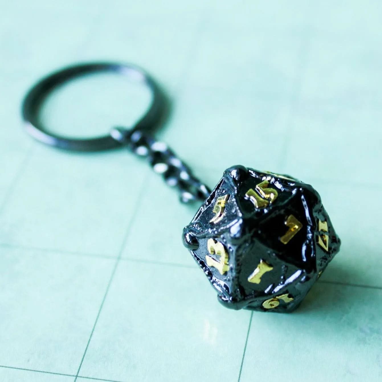 D20 Dice Black With Yellow Writing Keyring TTRPG  Gift - D20 Dice TTRPG  Key Chain - Key Ring TTRPG  and other Tabletop RPGs - MysteryDiceGoblins