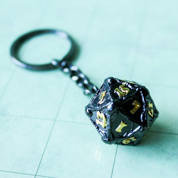D20 Dice Black With Yellow Writing Keyring Dnd Gift - D20 Dice DnD Key Chain - Key Ring DnD and other Tabletop RPGs - MysteryDiceGoblins