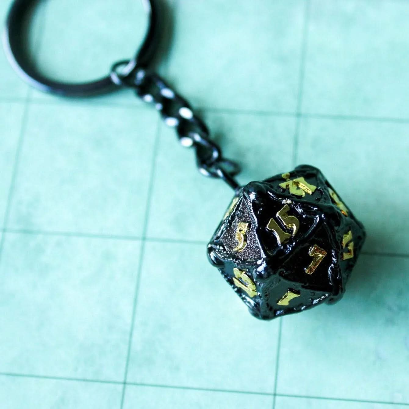 D20 Dice Black With Yellow Writing Keyring TTRPG  Gift - D20 Dice TTRPG  Key Chain - Key Ring TTRPG  and other Tabletop RPGs - MysteryDiceGoblins