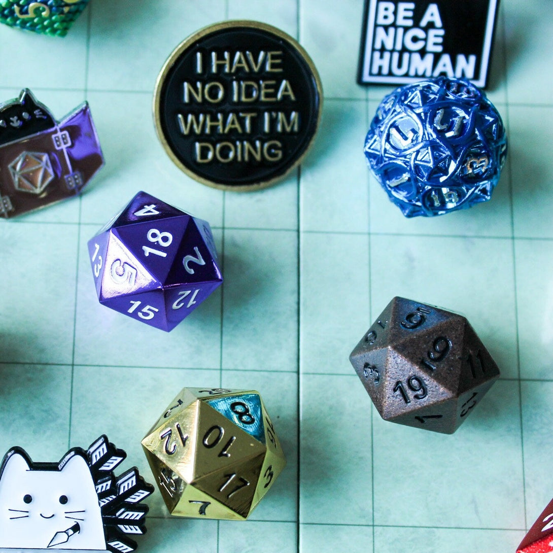 Mystery Metal D20 & Pin | Blind Bag | 7 Piece Polyhedral Dice Set | Pathfinder, Dungeons and Dragons, Tabletop Games - MysteryDiceGoblins