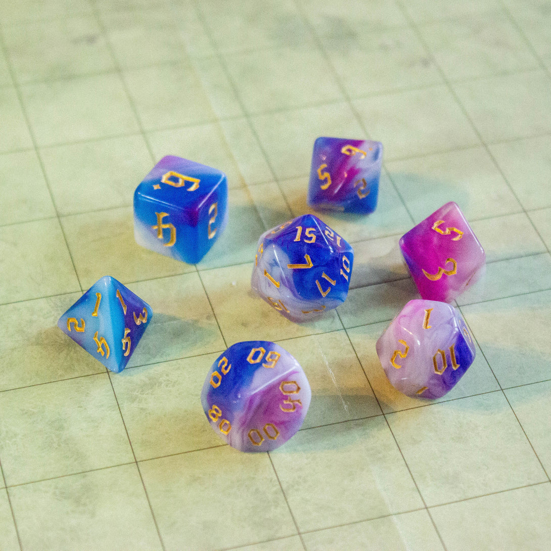 Blue White and Purple DnD dice | Dungeons and Dragons (7) | Polyhedral Dungeons and Dragons - MysteryDiceGoblins