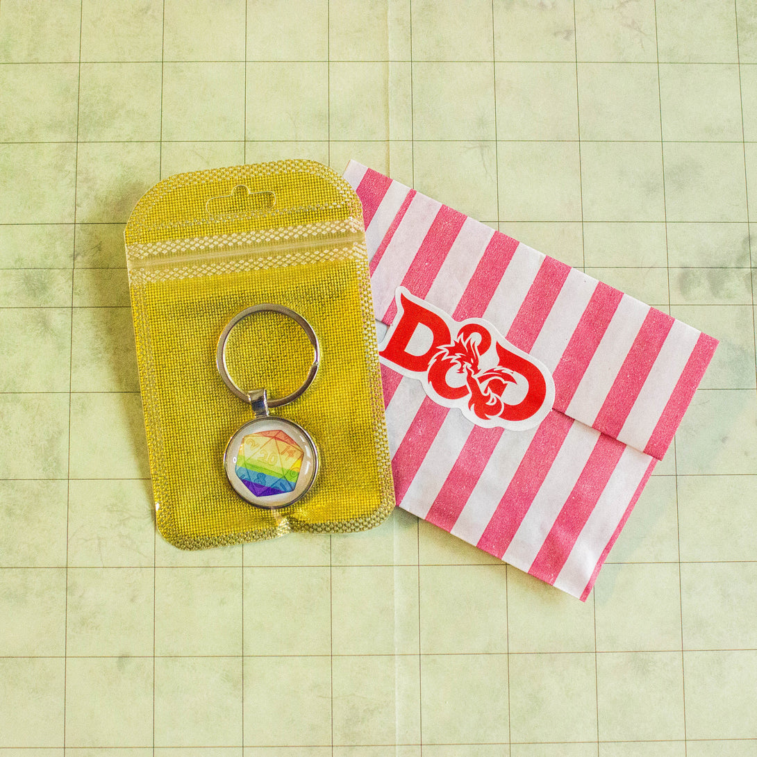 D20 Dice Rainbow Keyring - Roll With Pride - D20 Dice DnD Key Chain - Key Ring DnD and other Tabletop RPGs - MysteryDiceGoblins