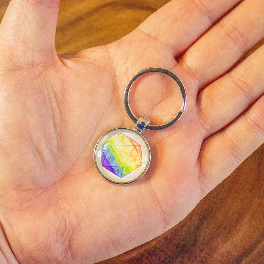 D20 Dice Rainbow Keyring - Roll With Pride - D20 Dice DnD Key Chain - Key Ring DnD and other Tabletop RPGs - MysteryDiceGoblins