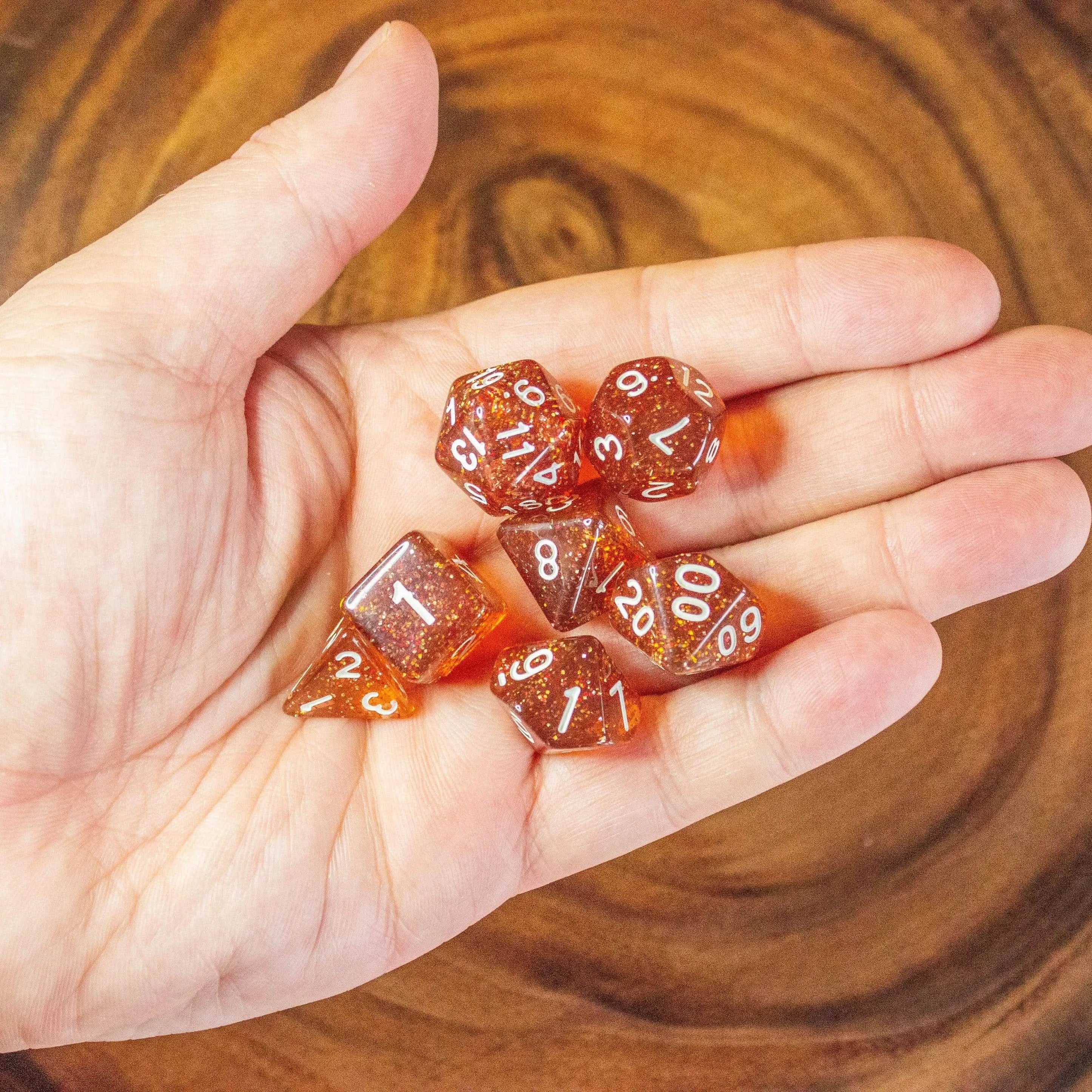 Amber Shimmer Dice Set | Brown Dice for TTRPG  |    White and Gold Dice (7) | Polyhedral White Dice | White Numbers - MysteryDiceGoblins