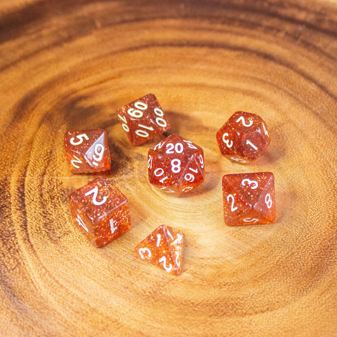 Amber Shimmer Dice Set | Brown Dice for DnD | Dungeons and Dragons White and Gold Dice (7) | Polyhedral White Dice | White Numbers - MysteryDiceGoblins
