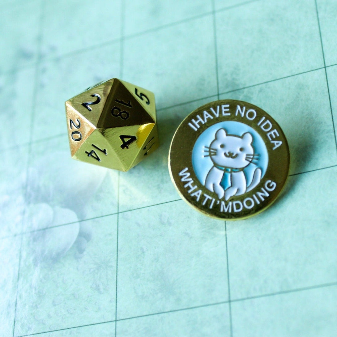 Dungeons and Dragons DnD Gift I Have No Idea What I'm Doing Cat Badge Enamel Pin Broach Gold Circular - MysteryDiceGoblins
