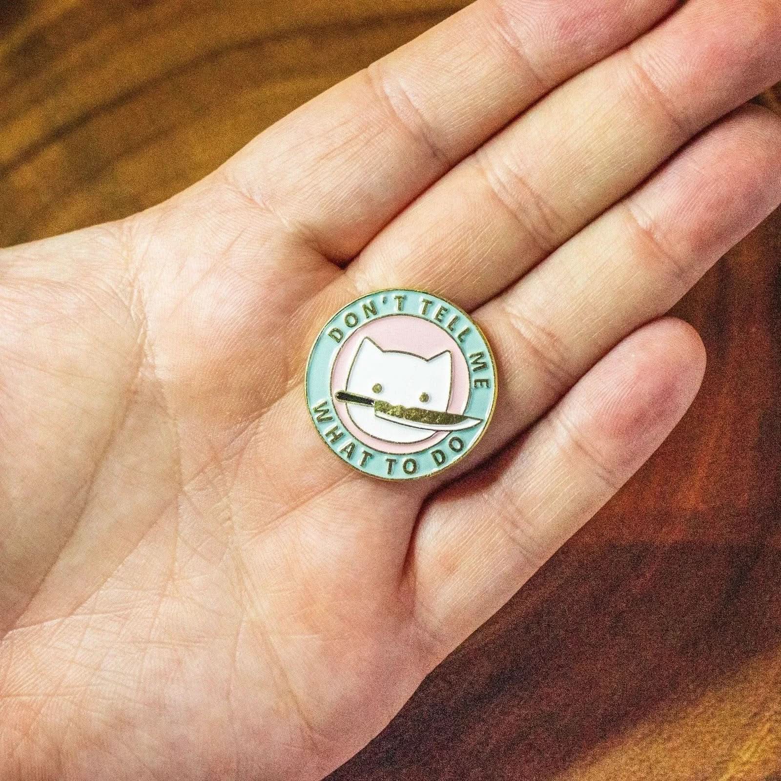 TTRPG  Gift Don't Tell Me Cat Badge Enamel Pin Broach TTRPG  Pin Gold Pink Green Pastel - MysteryDiceGoblins
