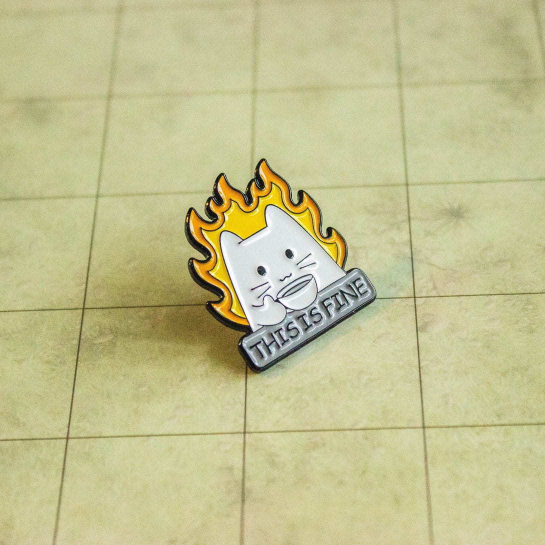 Dungeons and Dragons DnD Gift This Is Fine White Cat Flames Badge Enamel Pin Broach - MysteryDiceGoblins