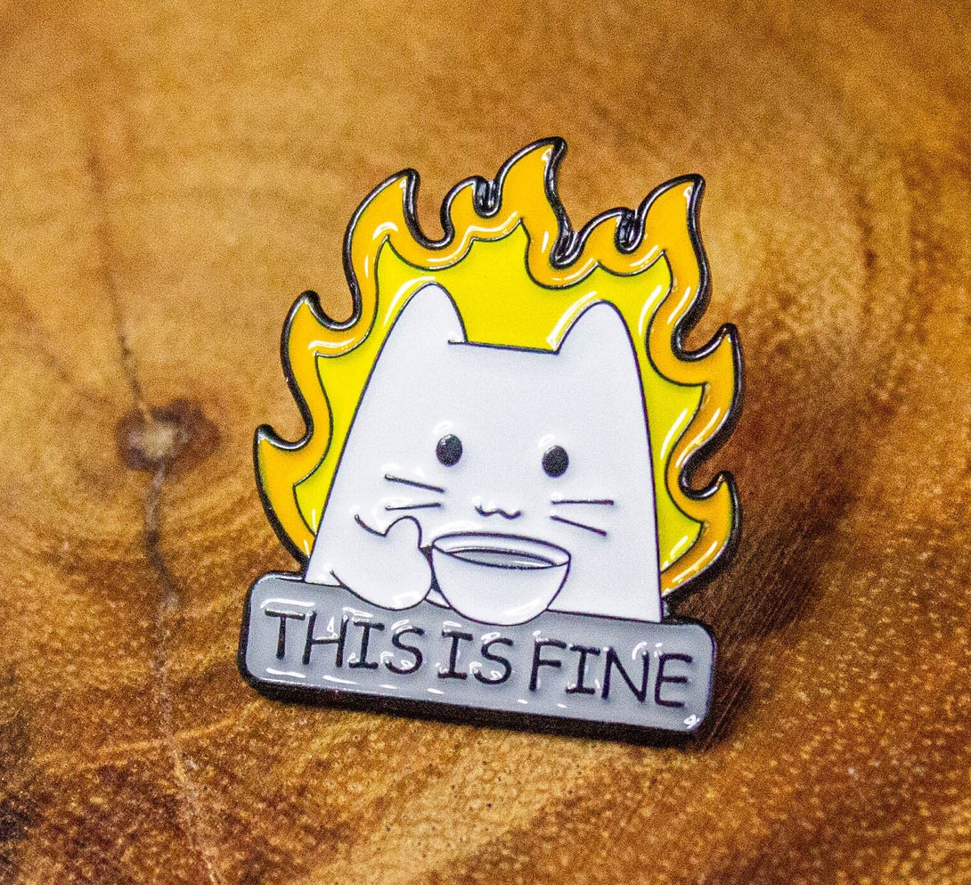 Dungeons and Dragons DnD Gift This Is Fine White Cat Flames Badge Enamel Pin Broach - MysteryDiceGoblins