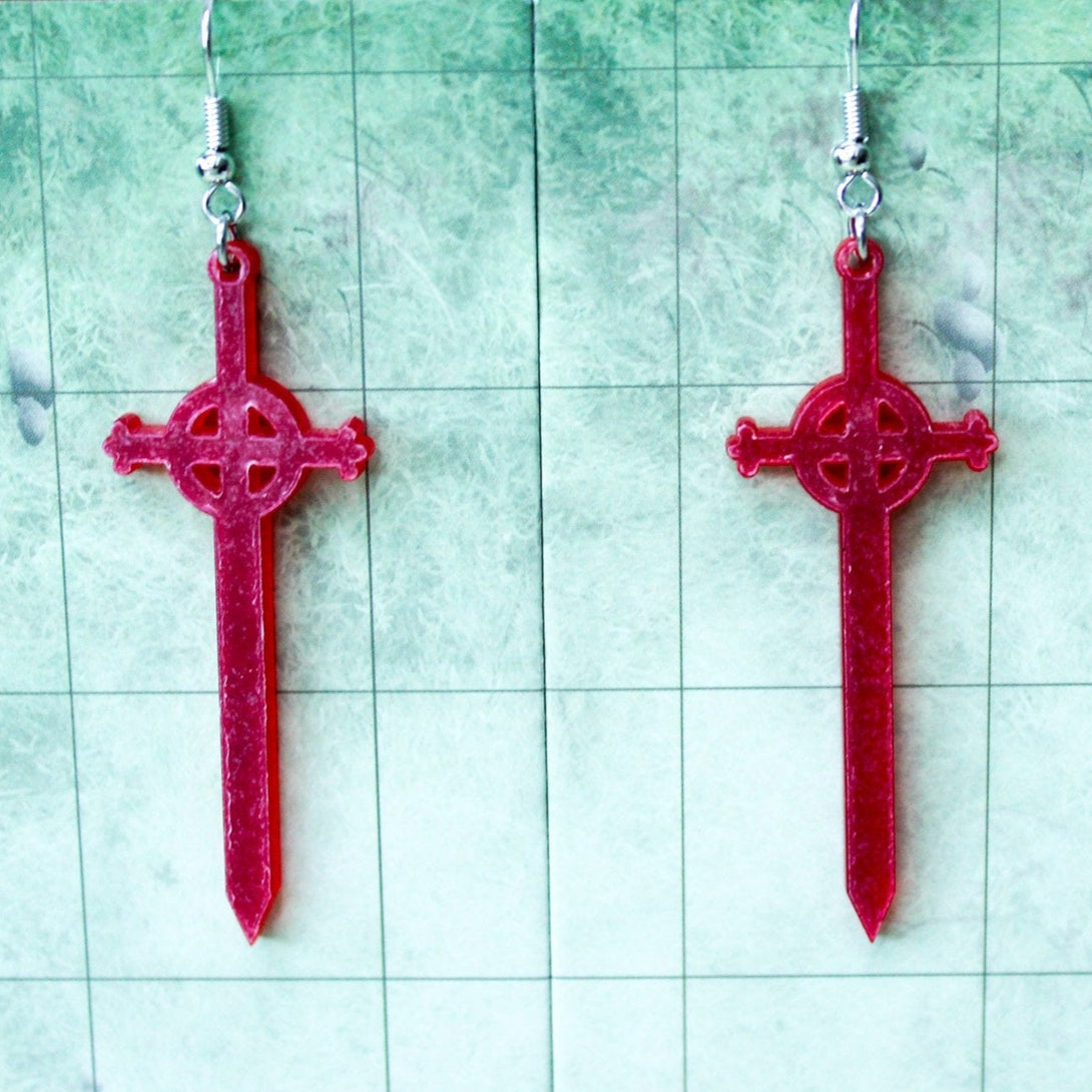 Red Frosted Dnd D&D Sword Earrings - Full Size D20 - RPG Fantasy Gift DND - MysteryDiceGoblins
