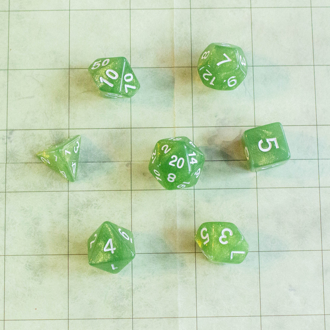 Green Shimmer Dice With White Numbers DnD Dice, roll with sophistication with these green polyhedral dice - MysteryDiceGoblins
