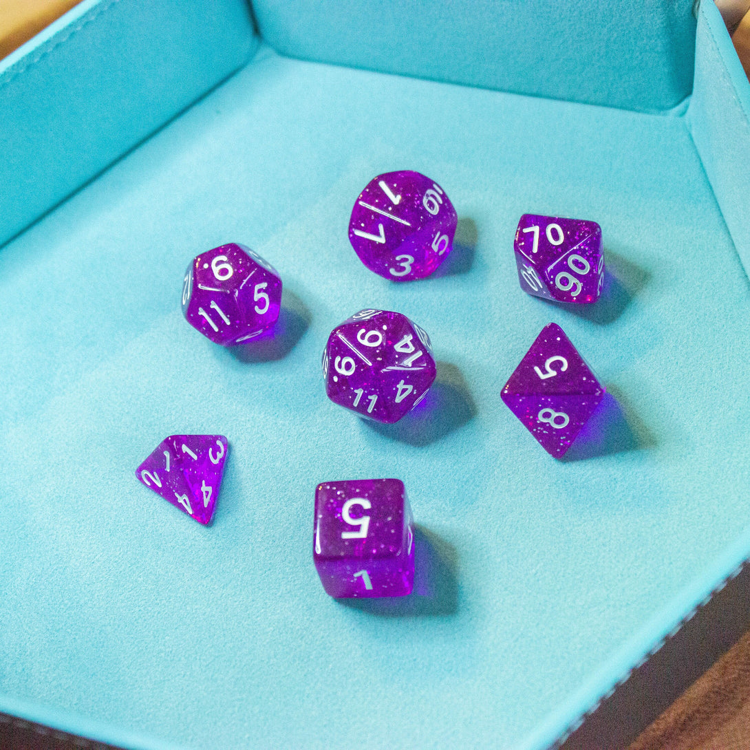 Deep Purple Shimmer Dice With White Numbers DnD Dice, roll with sophistication with these purple polyhedral dice - MysteryDiceGoblins