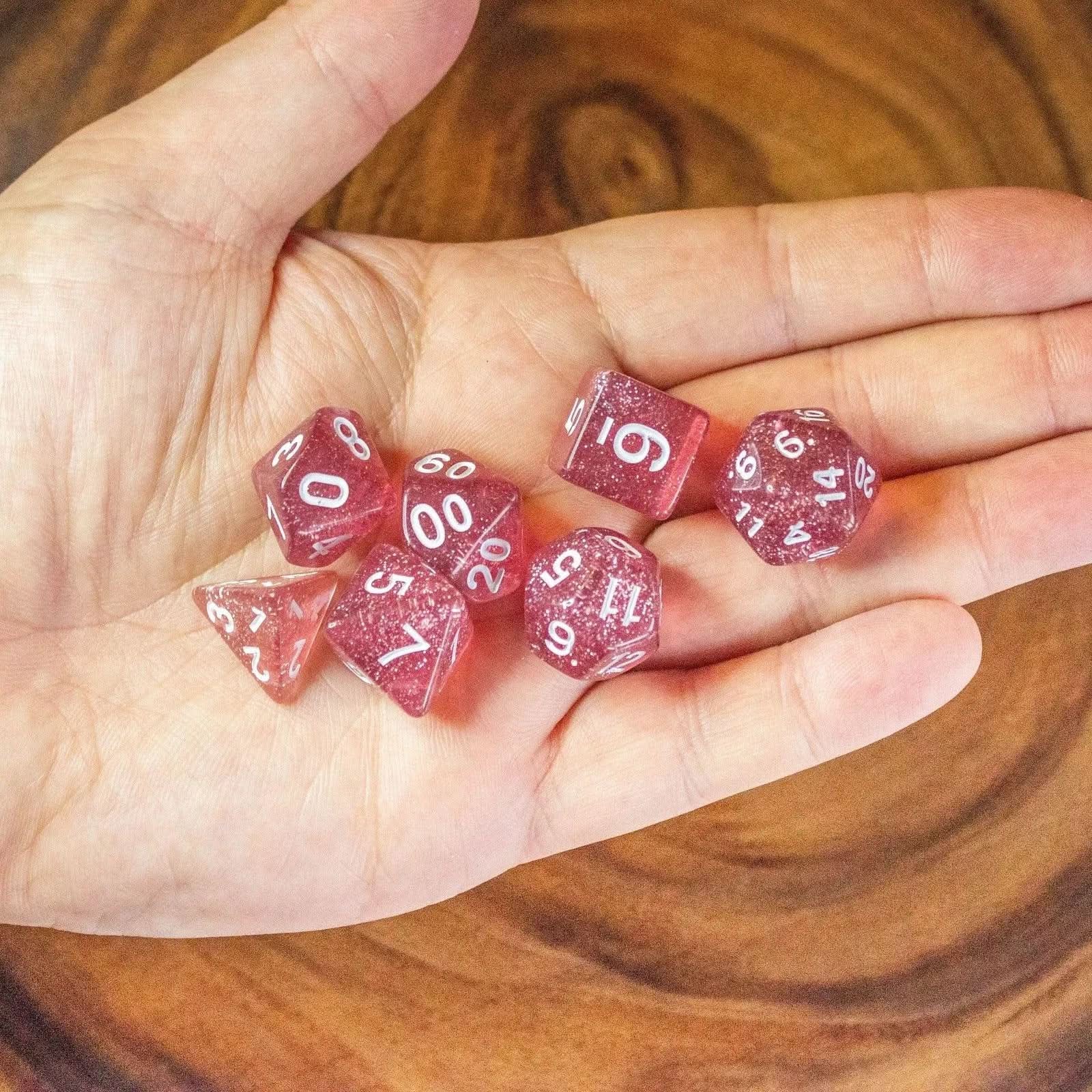 Rose Shimmer Dice With White Numbers TTRPG  Dice, roll with sophistication with these pink polyhedral dice - MysteryDiceGoblins