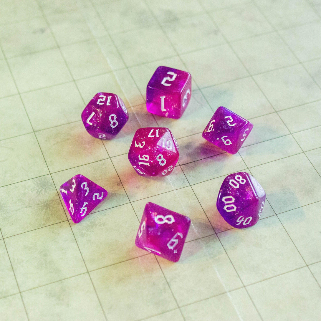 Two-Tone Pink Purple Glitter Dice With White Numbers DnD Dice, roll with sophistication with these purple polyhedral dice - MysteryDiceGoblins