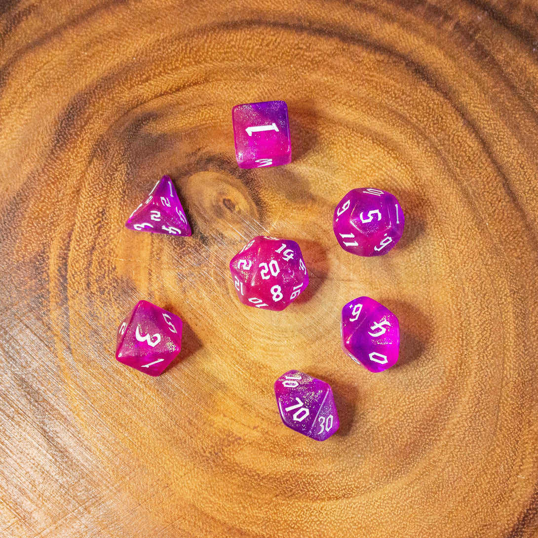 Two-Tone Pink Purple Glitter Dice With White Numbers DnD Dice, roll with sophistication with these purple polyhedral dice - MysteryDiceGoblins