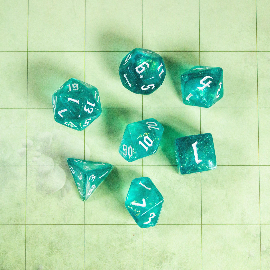 Aqua Fog DnD Dice. Channel the ethereal with these captivating, easy to read premium dice. Give your game a bit of sparkle. - MysteryDiceGoblins