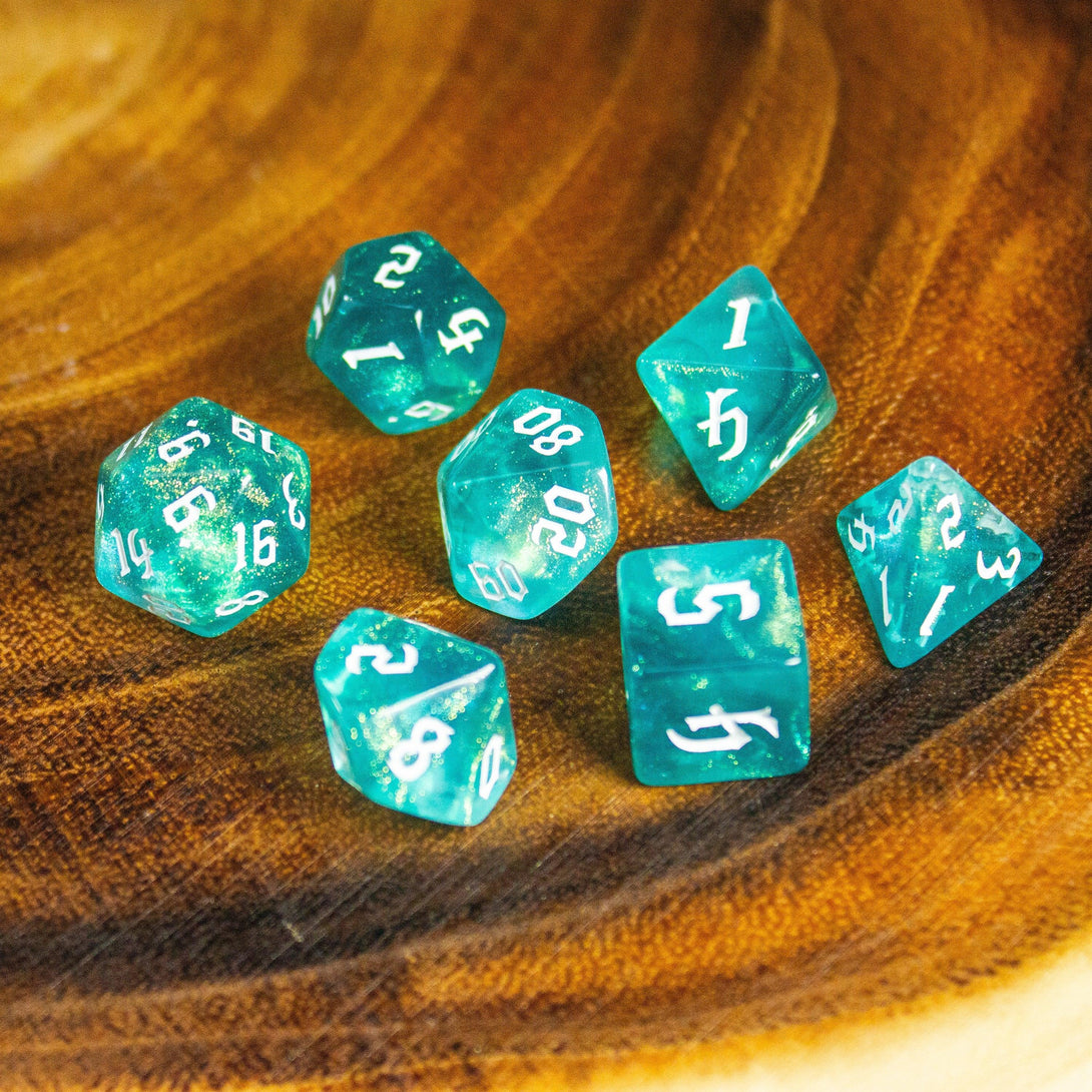 Aqua Fog DnD Dice. Channel the ethereal with these captivating, easy to read premium dice. Give your game a bit of sparkle. - MysteryDiceGoblins