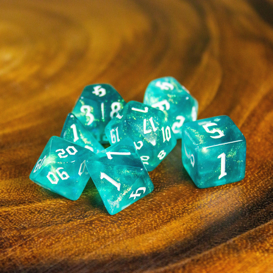 Aqua Fog DnD Dice. Channel the ethereal with these captivating, easy to read premium dice. Give your game a bit of sparkle. - MysteryDiceGoblins