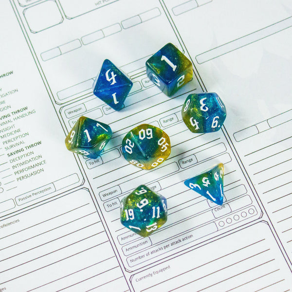 Blue and Yellow Fog DnD Dice. Channel the ethereal with these captivating, easy to read premium dice. Give your game a bit of sparkle. - MysteryDiceGoblins
