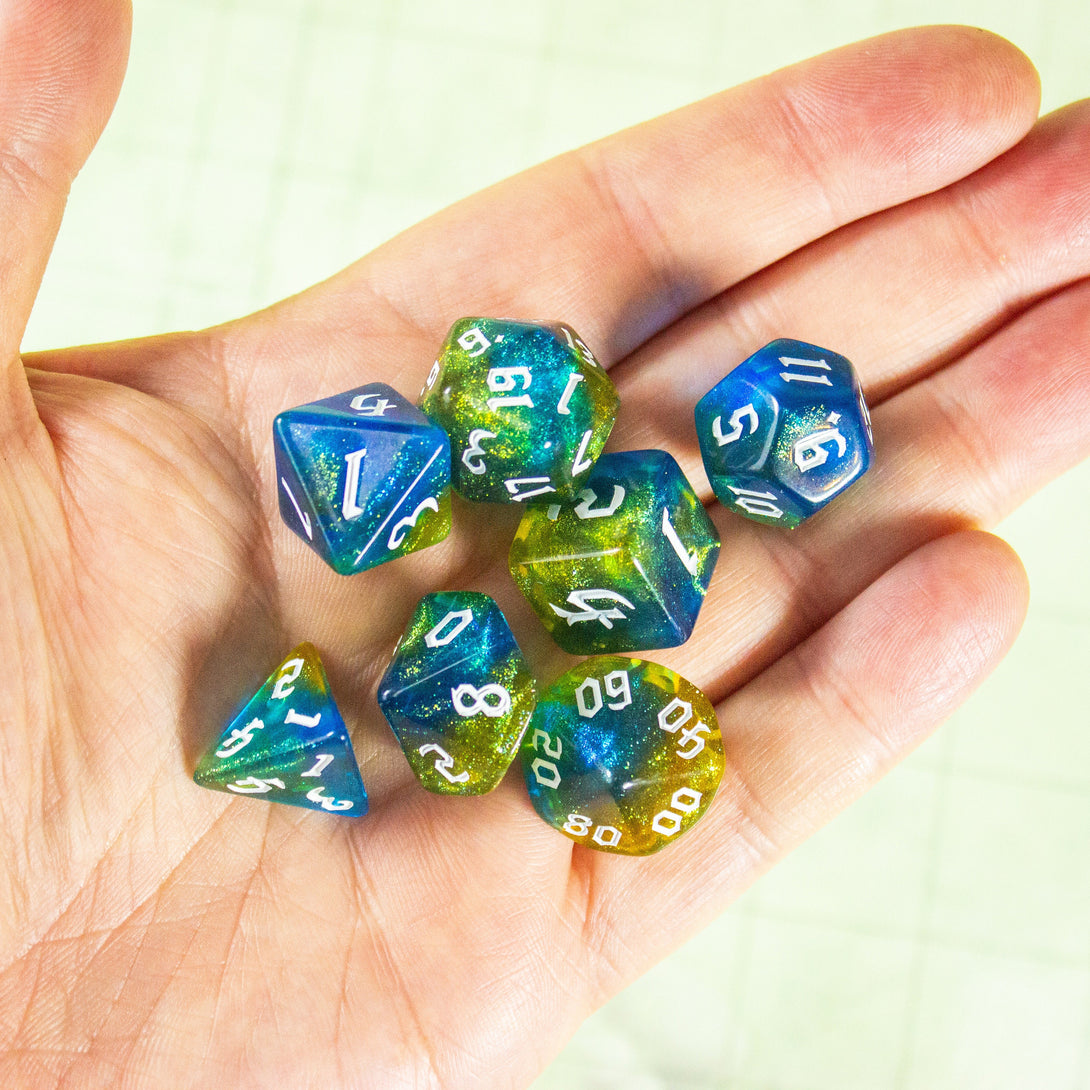 Blue and Yellow Fog DnD Dice. Channel the ethereal with these captivating, easy to read premium dice. Give your game a bit of sparkle. - MysteryDiceGoblins