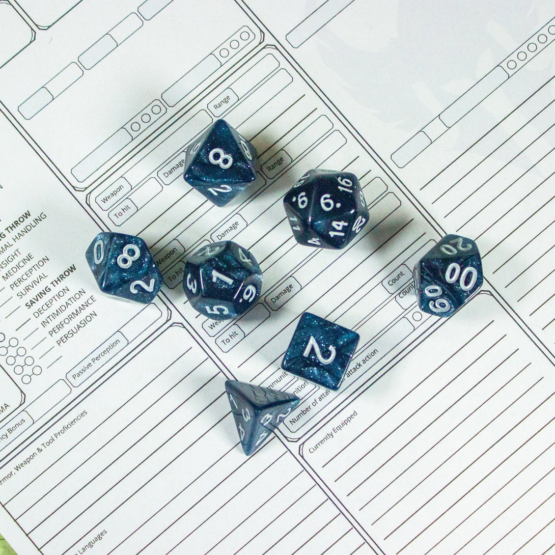 Blue Abyss Shimmer Dice With White Numbers DnD Dice, roll with sophistication with these blue polyhedral dice - MysteryDiceGoblins
