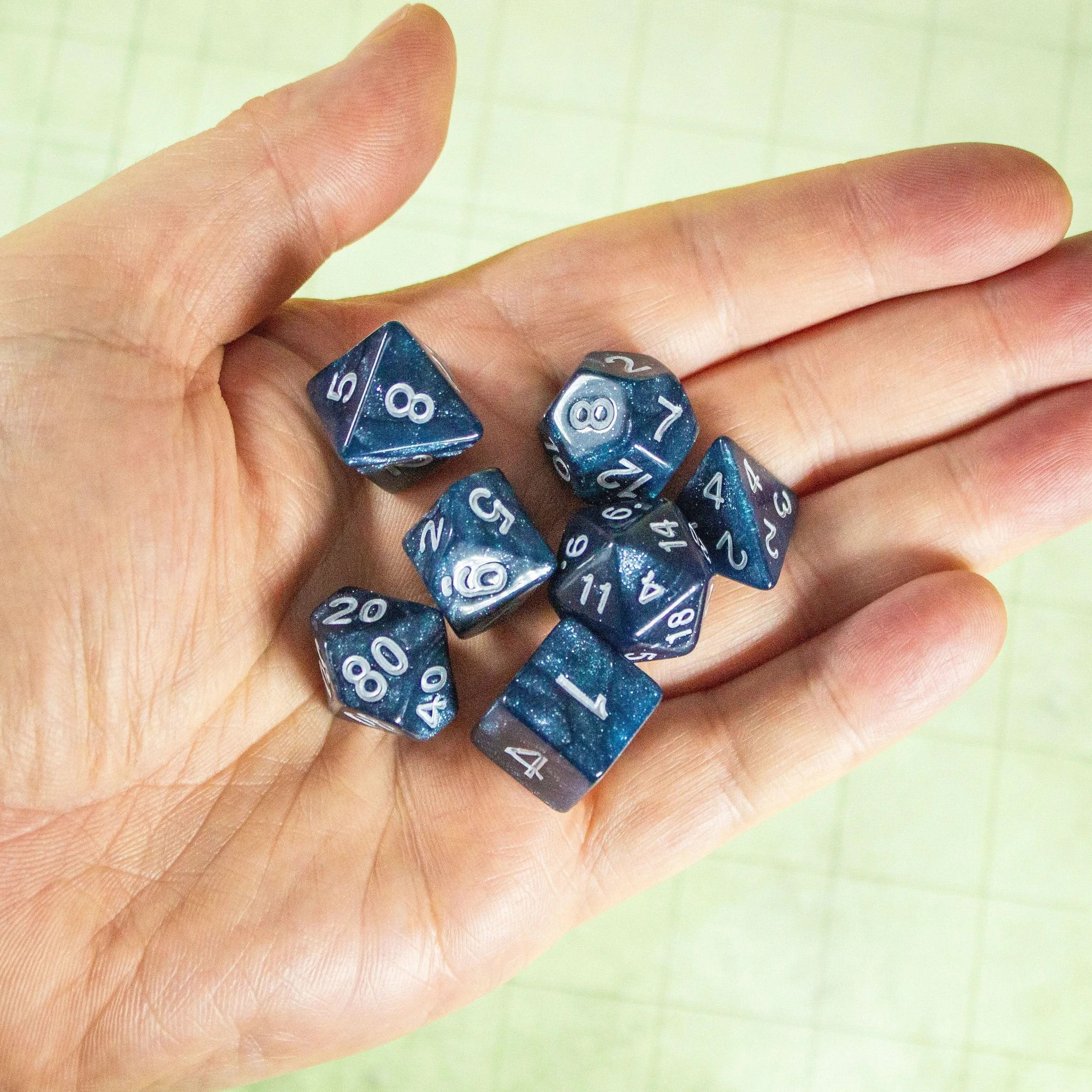 Blue Abyss Shimmer Dice With White Numbers TTRPG  Dice, roll with sophistication with these blue polyhedral dice - MysteryDiceGoblins
