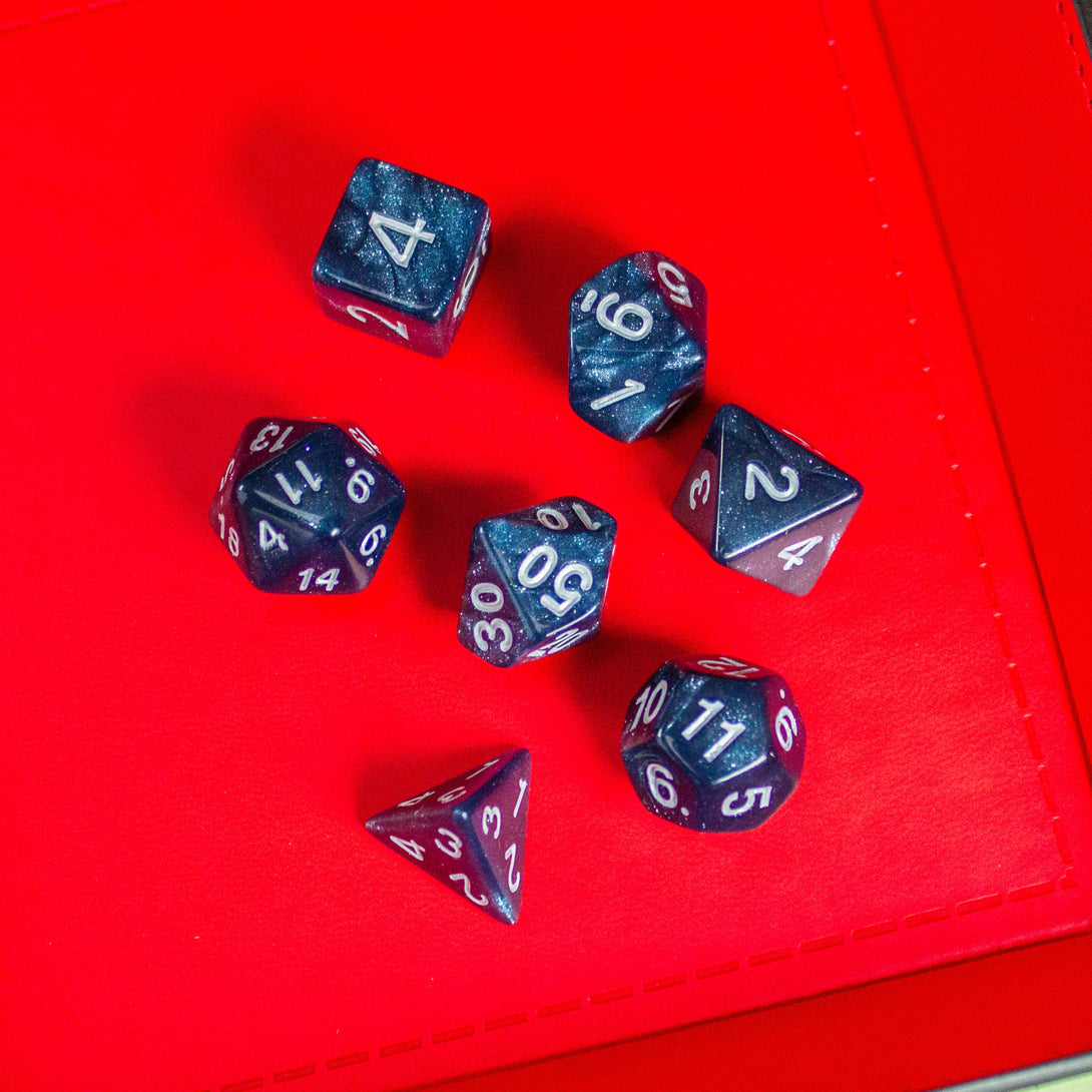Blue Abyss Shimmer Dice With White Numbers DnD Dice, roll with sophistication with these blue polyhedral dice - MysteryDiceGoblins