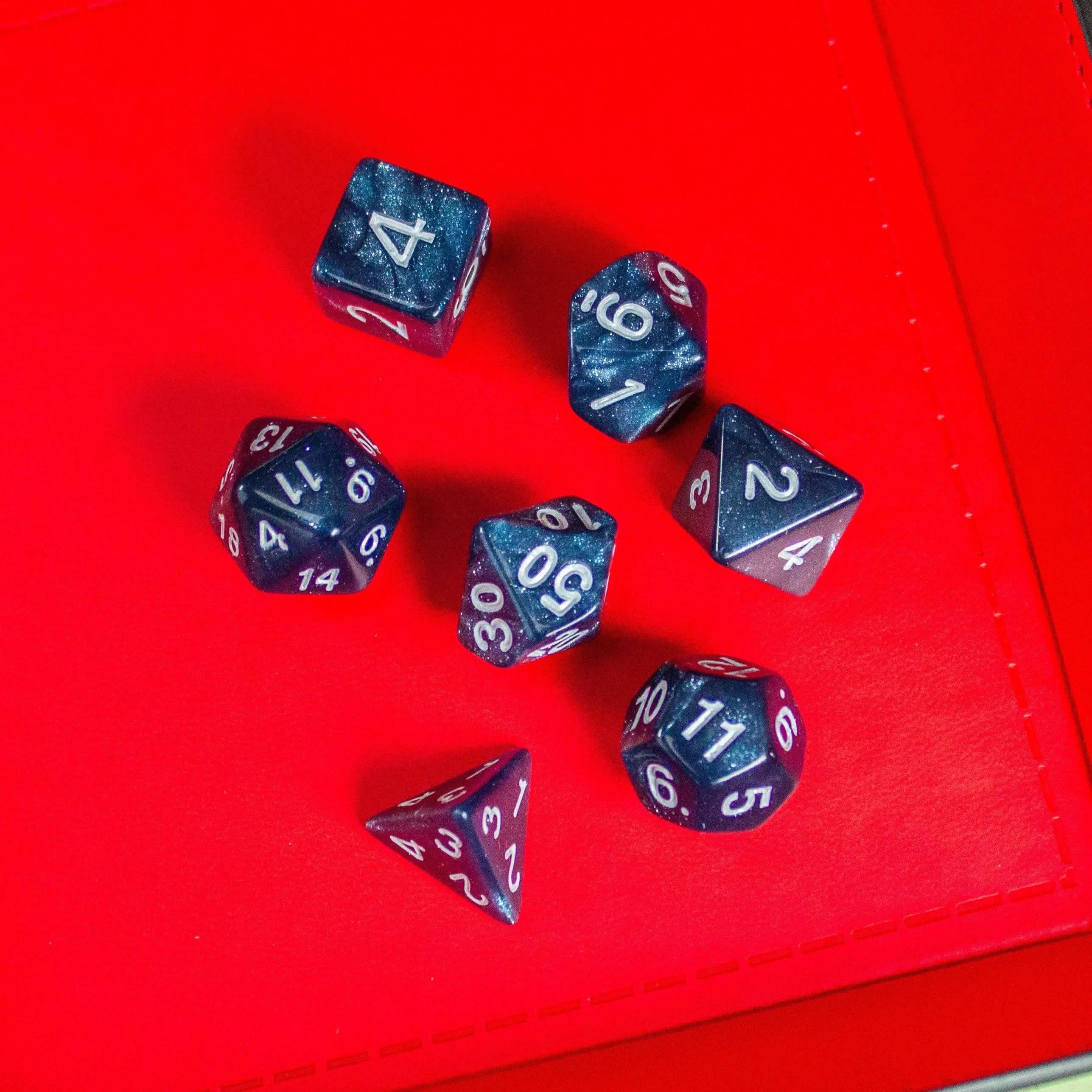 Blue Abyss Shimmer Dice With White Numbers TTRPG  Dice, roll with sophistication with these blue polyhedral dice - MysteryDiceGoblins