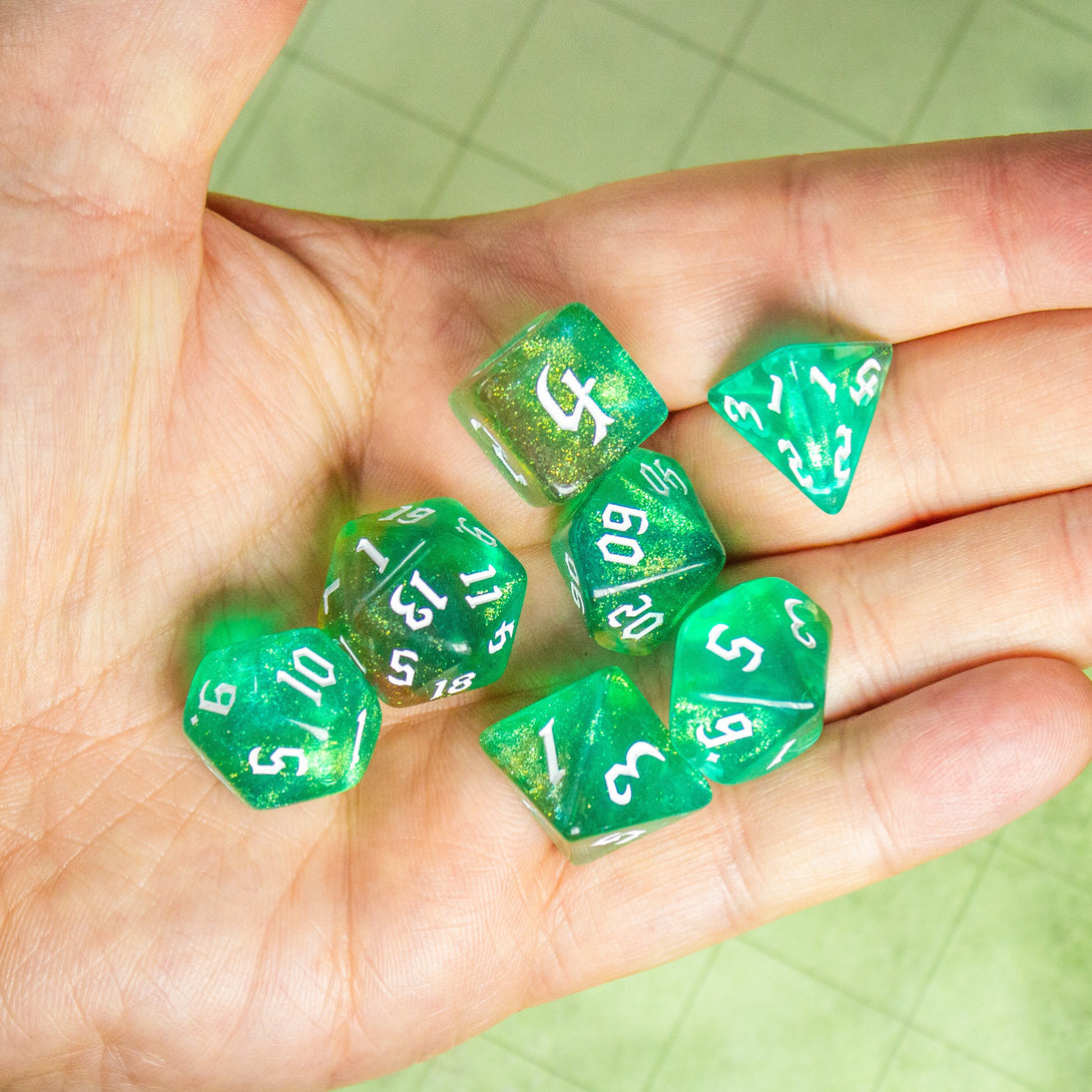 Forest Green Fog DnD Dice. Channel the ethereal with these captivating premium dice. Give your game a bit of sparkle. - MysteryDiceGoblins