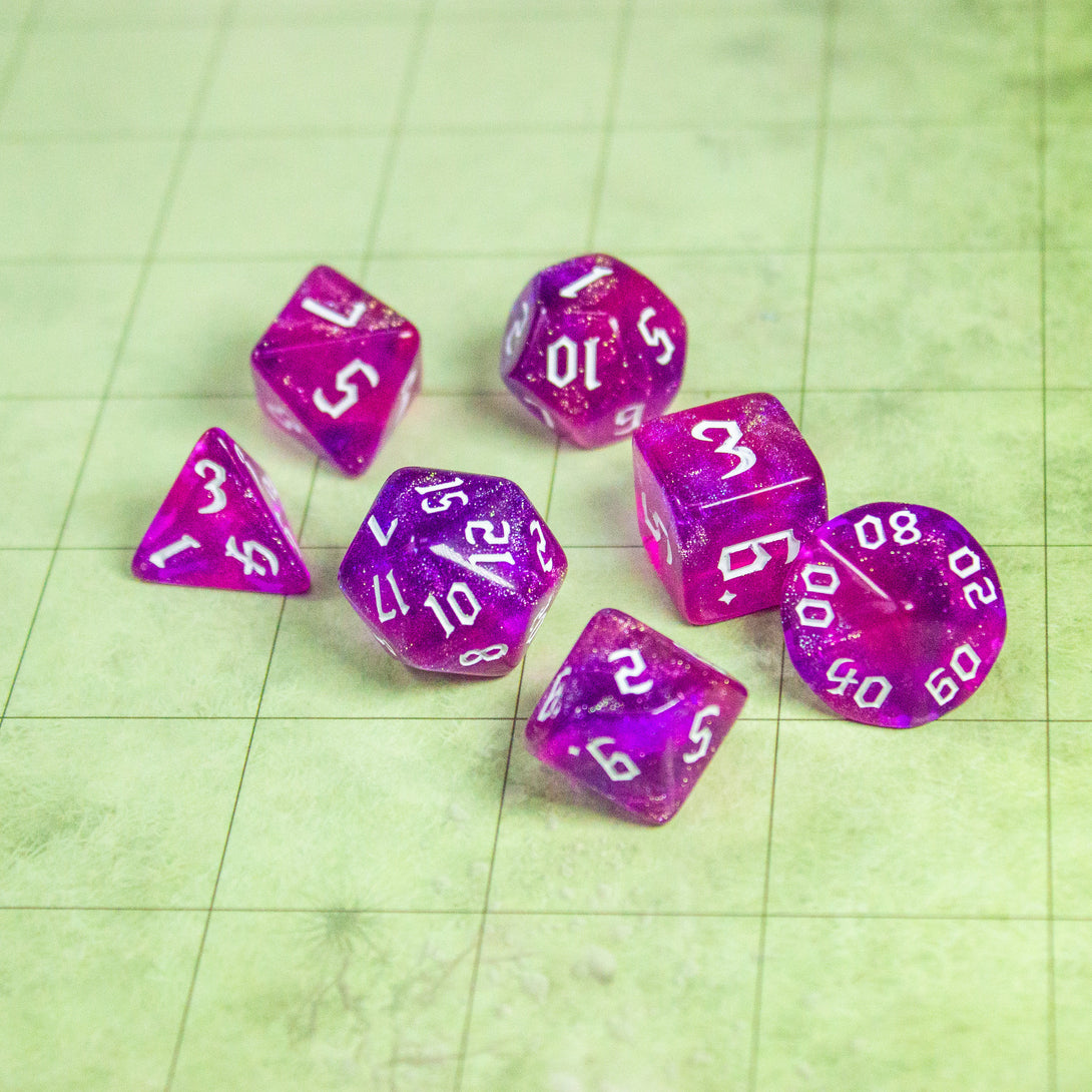 Violet Fog DnD Dice. Channel the ethereal with these captivating, easy to read premium dice. Give your game a bit of sparkle. - MysteryDiceGoblins