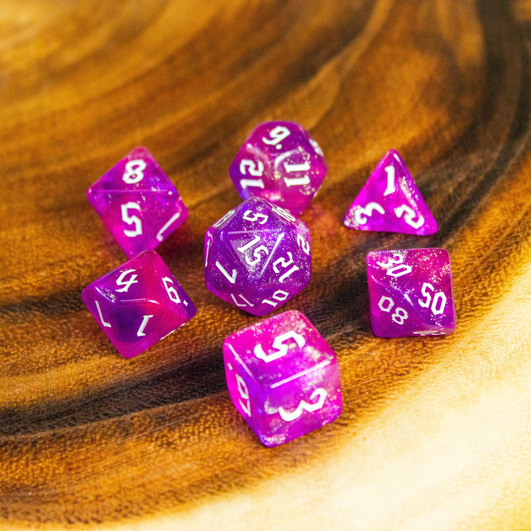 Violet Fog DnD Dice. Channel the ethereal with these captivating, easy to read premium dice. Give your game a bit of sparkle. - MysteryDiceGoblins