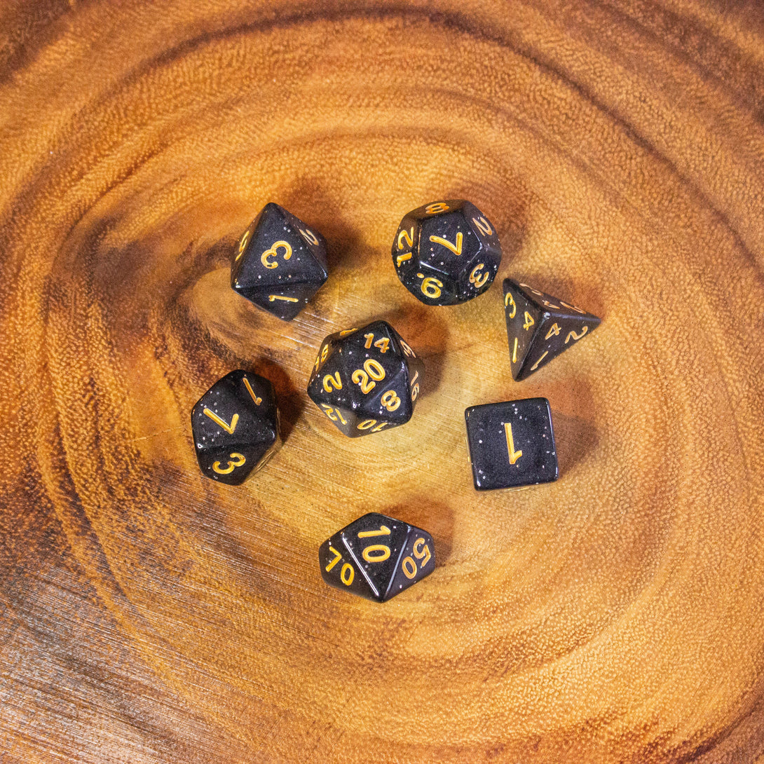 Black Shimmer Dice With Gold Nunbers DnD Dice, roll with sophistication with these black polyhedral dice - MysteryDiceGoblins