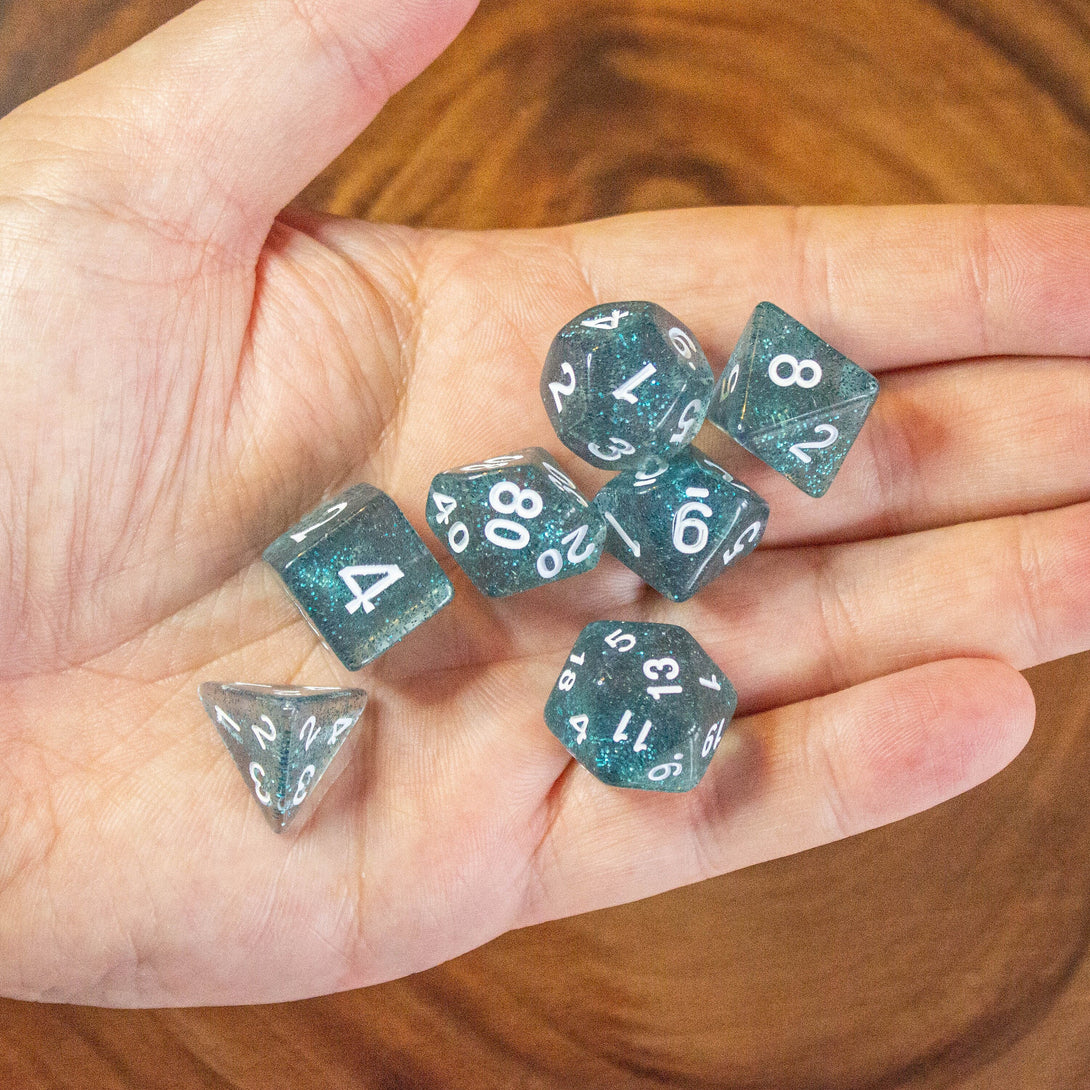 Blue Shimmer Dice With Gold Numbers DnD Dice, roll with sophistication with these Blue polyhedral dice - MysteryDiceGoblins