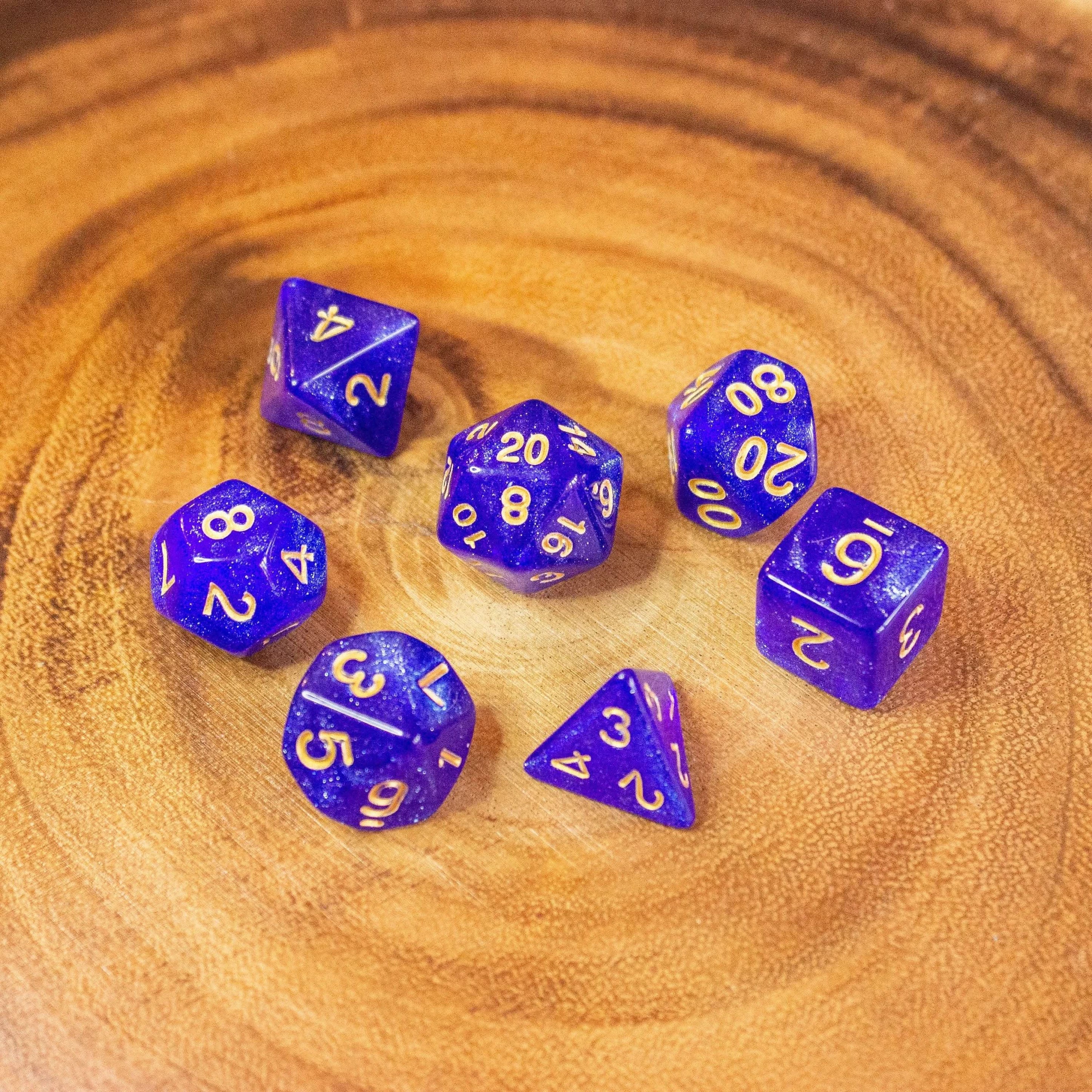 Deep Blue Shimmer Dice With Gold Nunbers TTRPG  Dice, roll with sophistication with these blue polyhedral dice - MysteryDiceGoblins