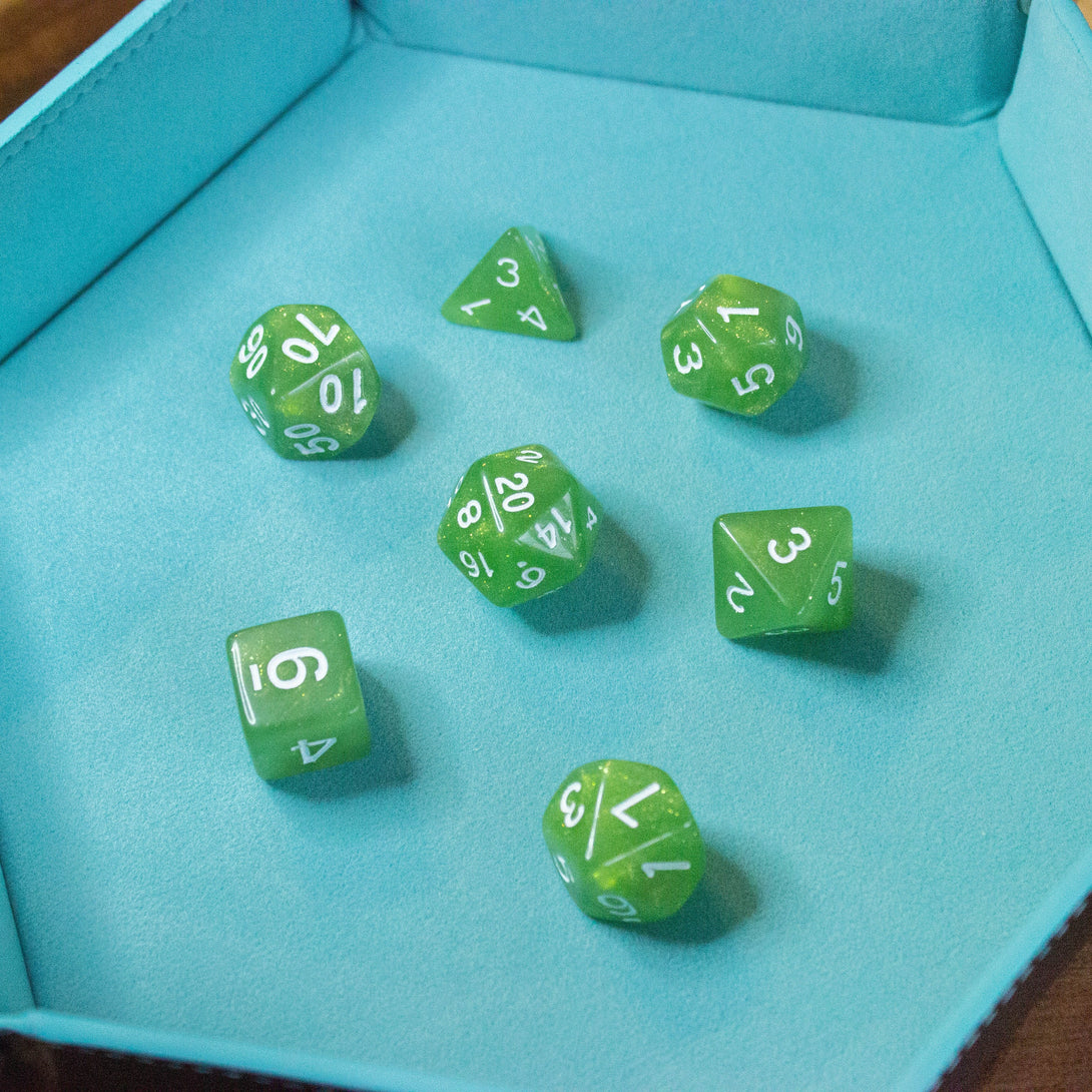 Green Shimmer Dice With White Numbers DnD Dice, roll with sophistication with these green polyhedral dice - MysteryDiceGoblins