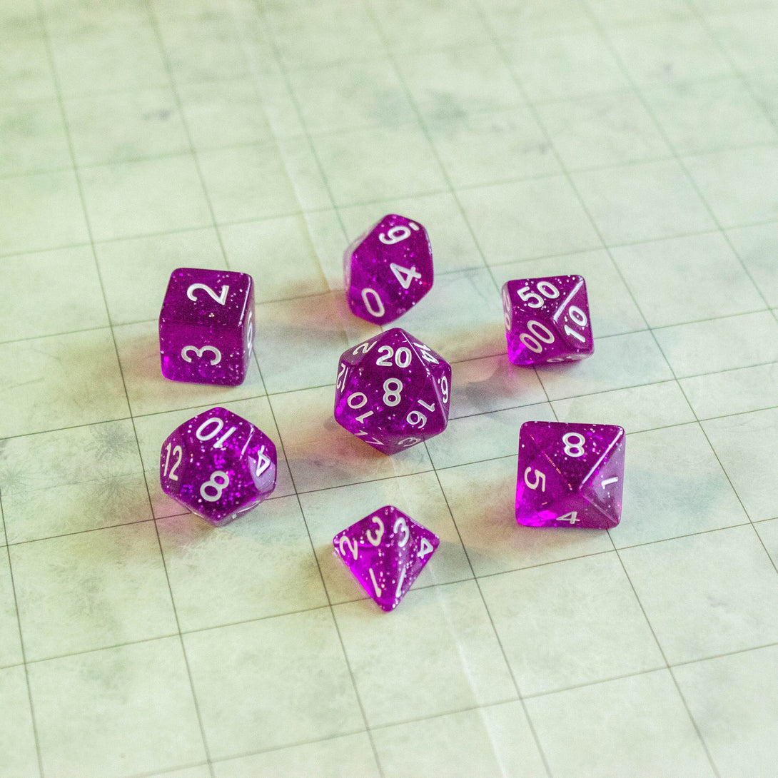 Deep Purple Shimmer Dice With White Numbers DnD Dice, roll with sophistication with these purple polyhedral dice - MysteryDiceGoblins