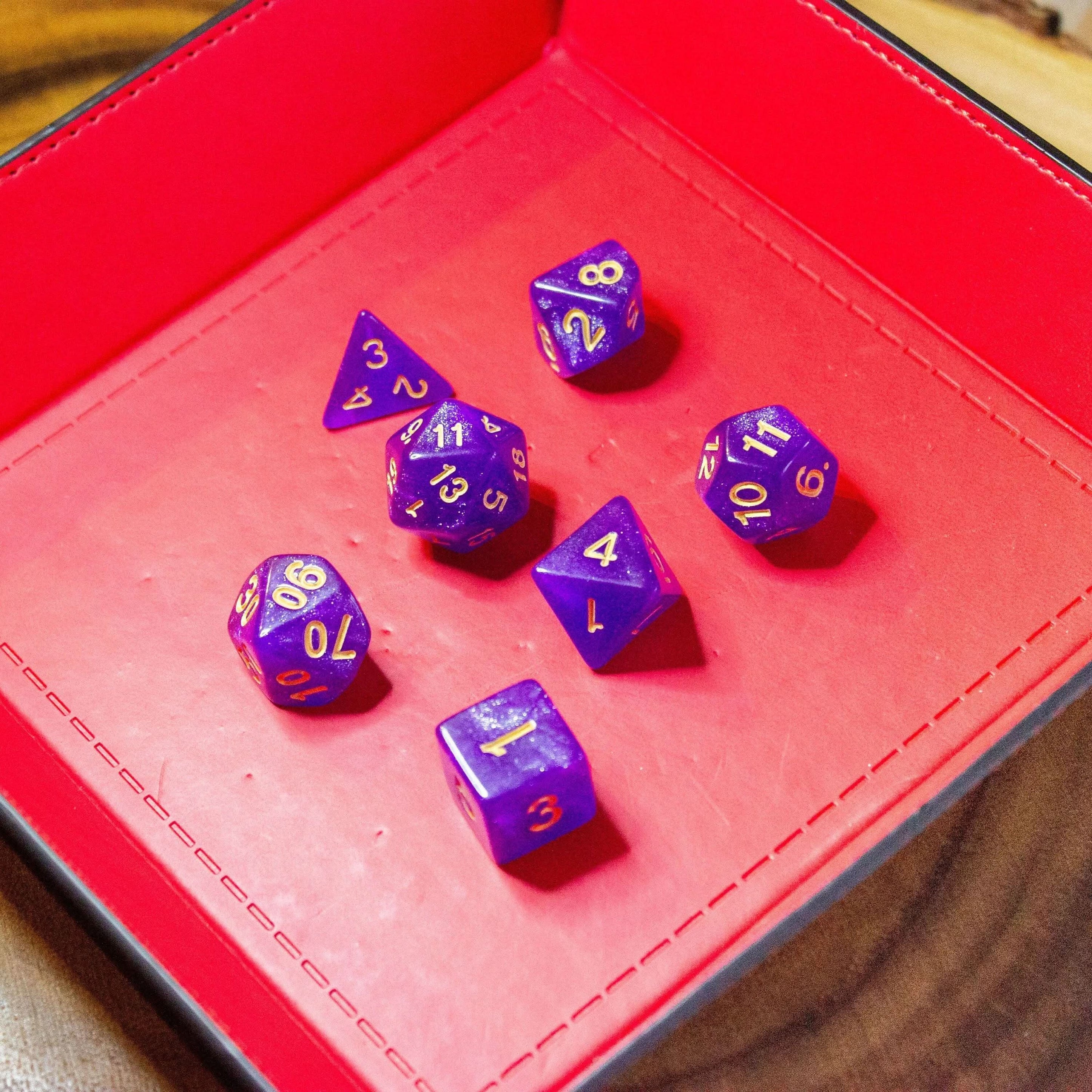 Purple Shimmer Dice With Gold Numbers TTRPG  Dice, roll with sophistication with these Purple polyhedral dice - MysteryDiceGoblins