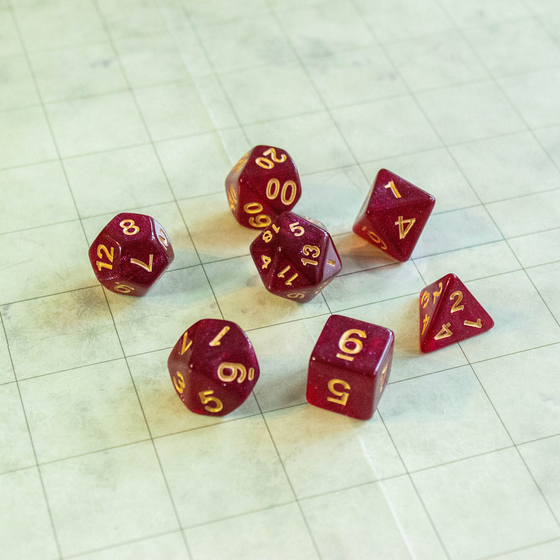 Red Shimmer Dice With White Numbers DnD Dice, roll with sophistication with these red polyhedral dice - MysteryDiceGoblins