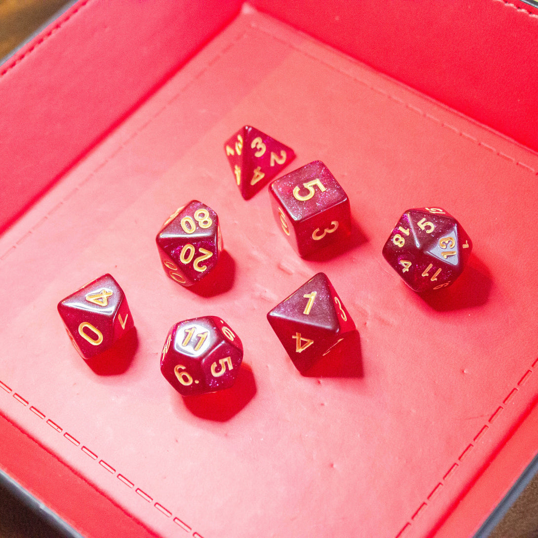 Red Shimmer Dice With White Numbers DnD Dice, roll with sophistication with these red polyhedral dice - MysteryDiceGoblins