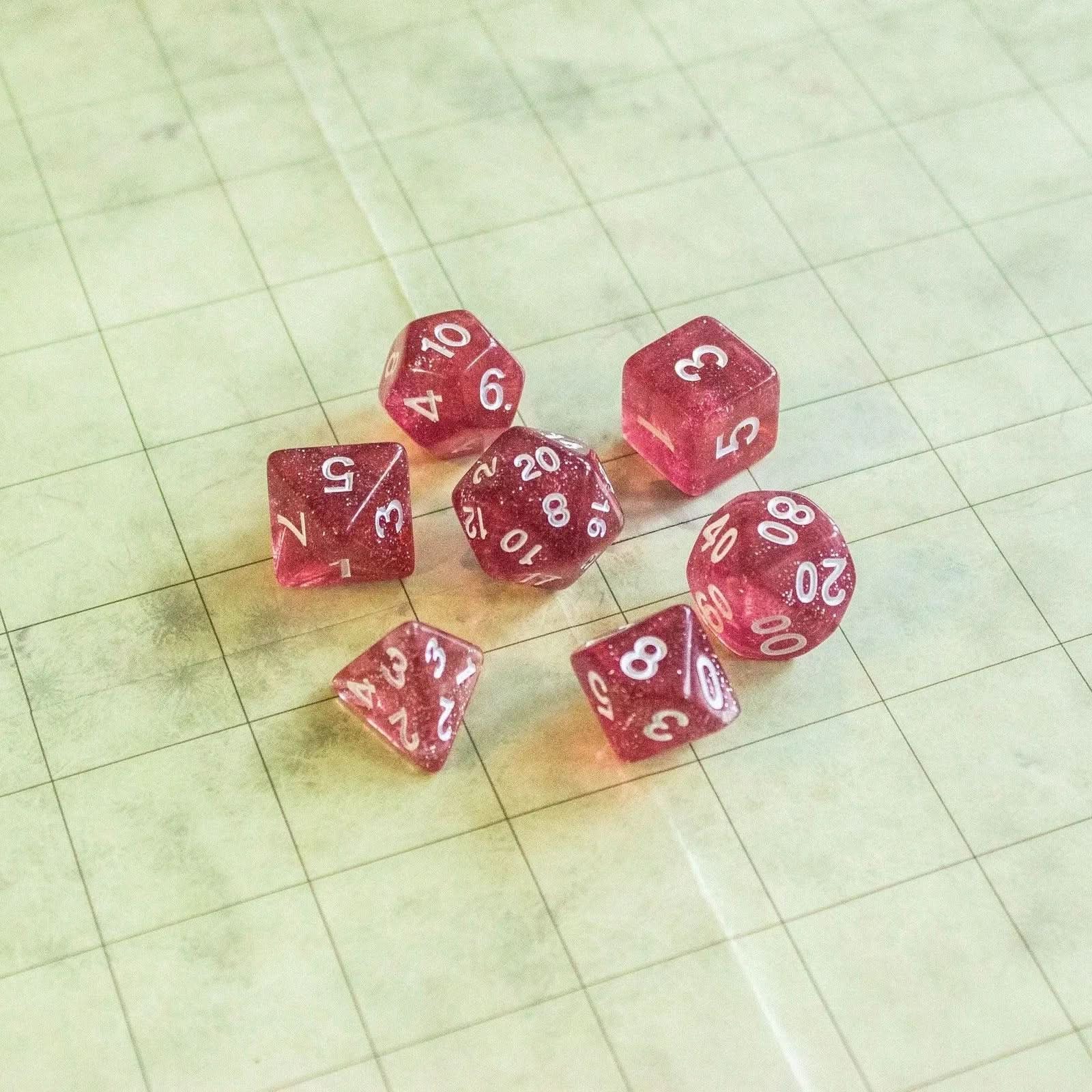 Rose Shimmer Dice With White Numbers TTRPG  Dice, roll with sophistication with these pink polyhedral dice - MysteryDiceGoblins