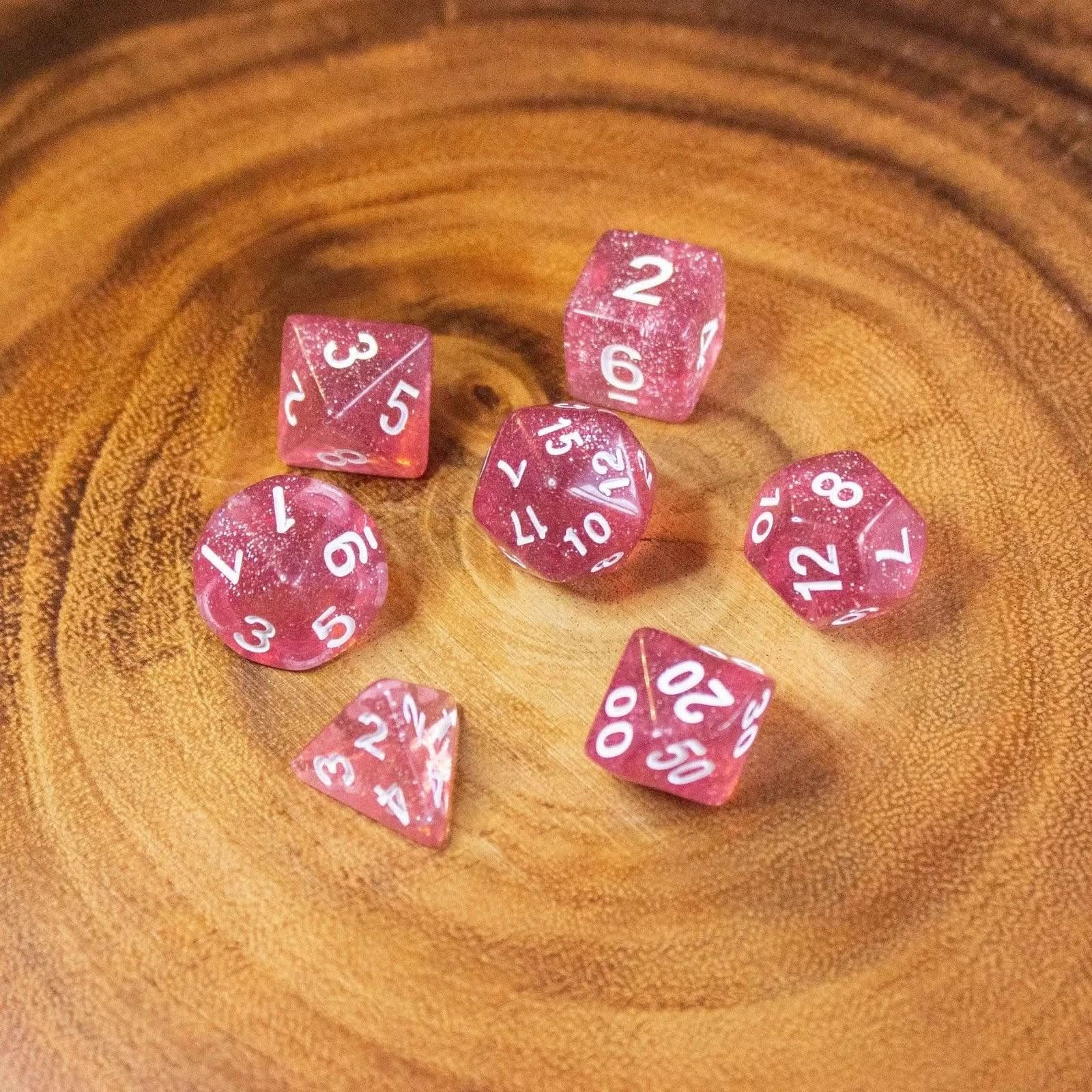 Rose Shimmer Dice With White Numbers TTRPG  Dice, roll with sophistication with these pink polyhedral dice - MysteryDiceGoblins