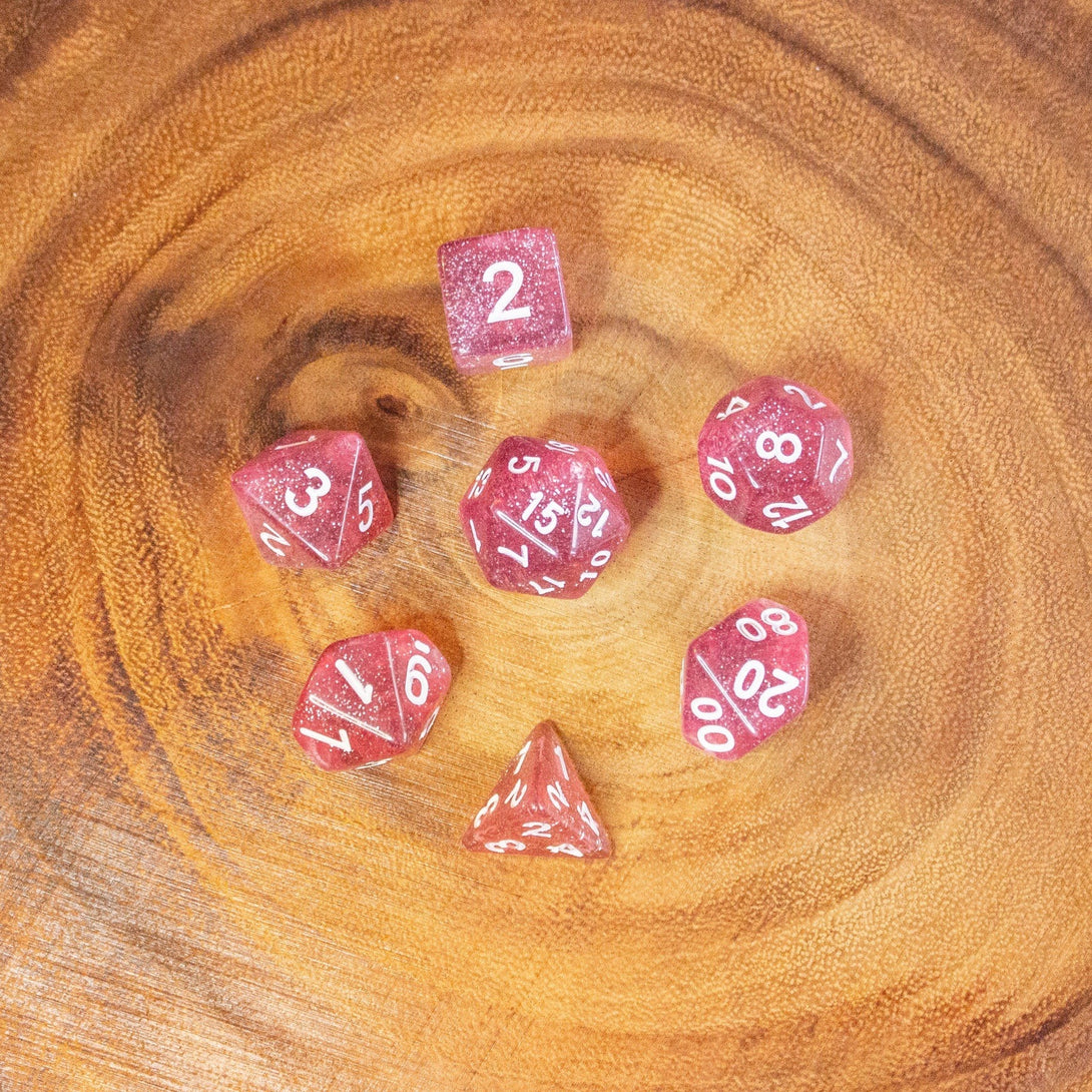 Rose Shimmer Dice With White Numbers DnD Dice, roll with sophistication with these pink polyhedral dice - MysteryDiceGoblins