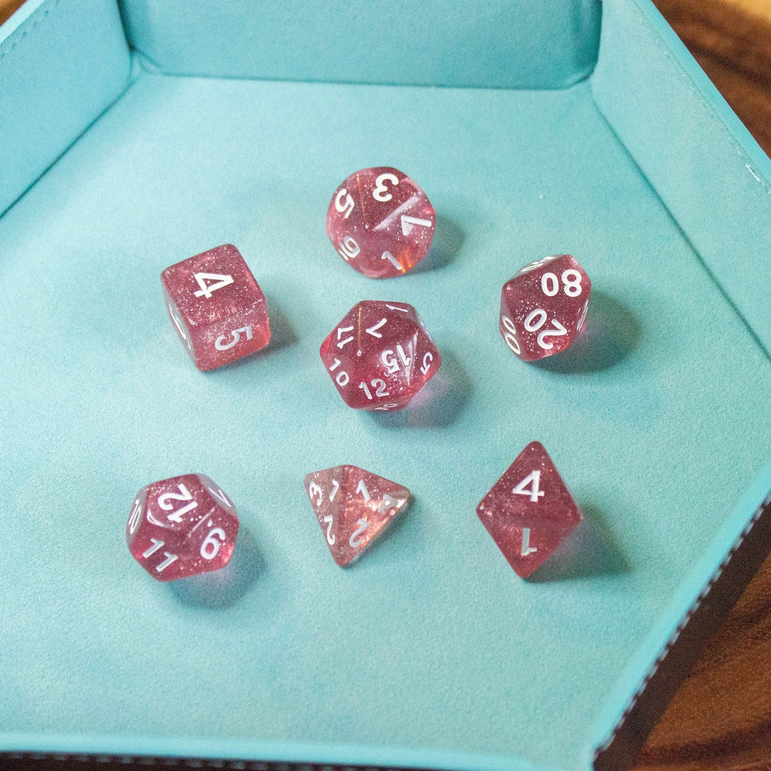 Rose Shimmer Dice With White Numbers DnD Dice, roll with sophistication with these pink polyhedral dice - MysteryDiceGoblins