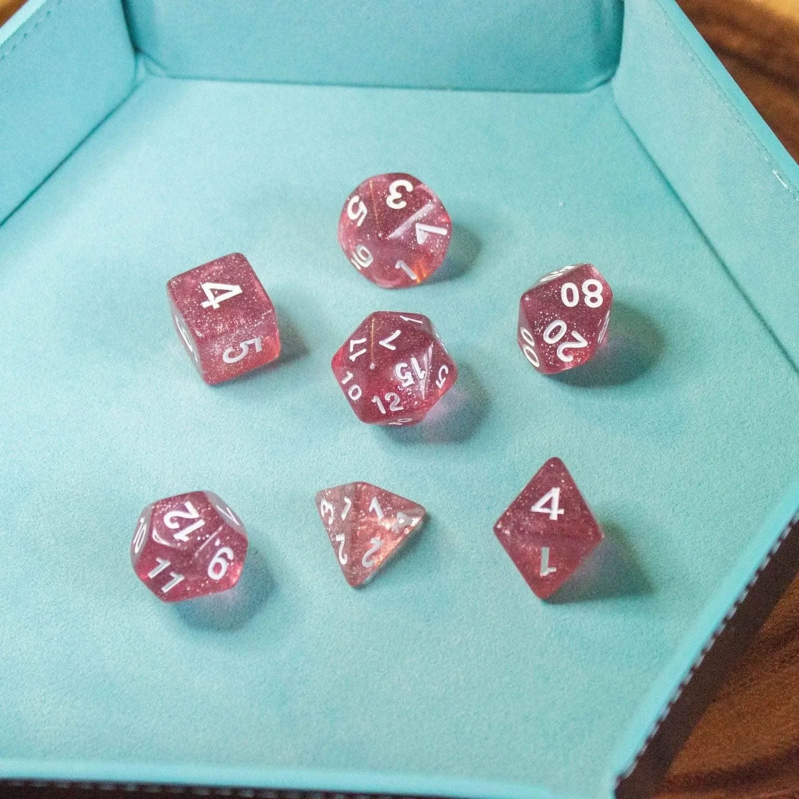 Rose Shimmer Dice With White Numbers TTRPG  Dice, roll with sophistication with these pink polyhedral dice - MysteryDiceGoblins