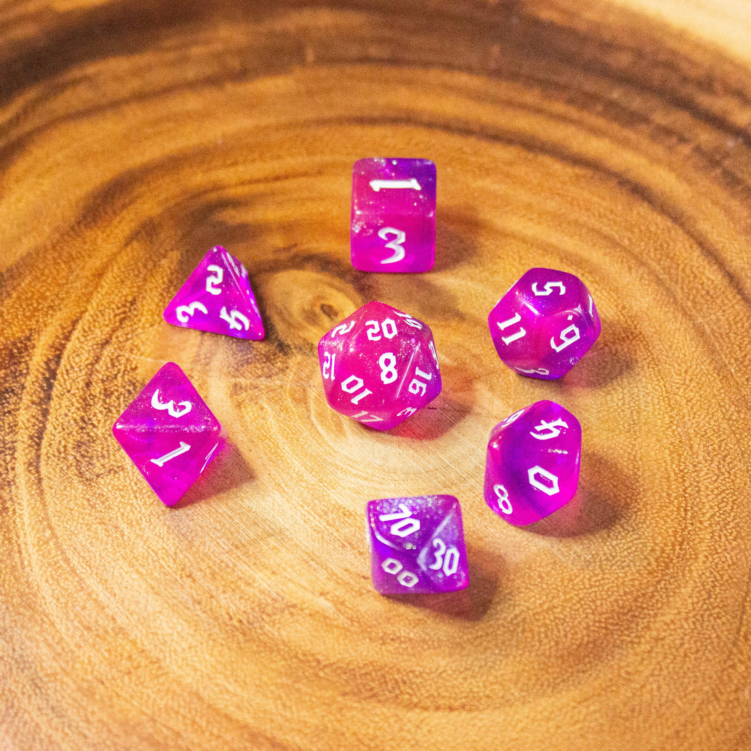 Two-Tone Pink Purple Glitter Dice With White Numbers DnD Dice, roll with sophistication with these purple polyhedral dice - MysteryDiceGoblins