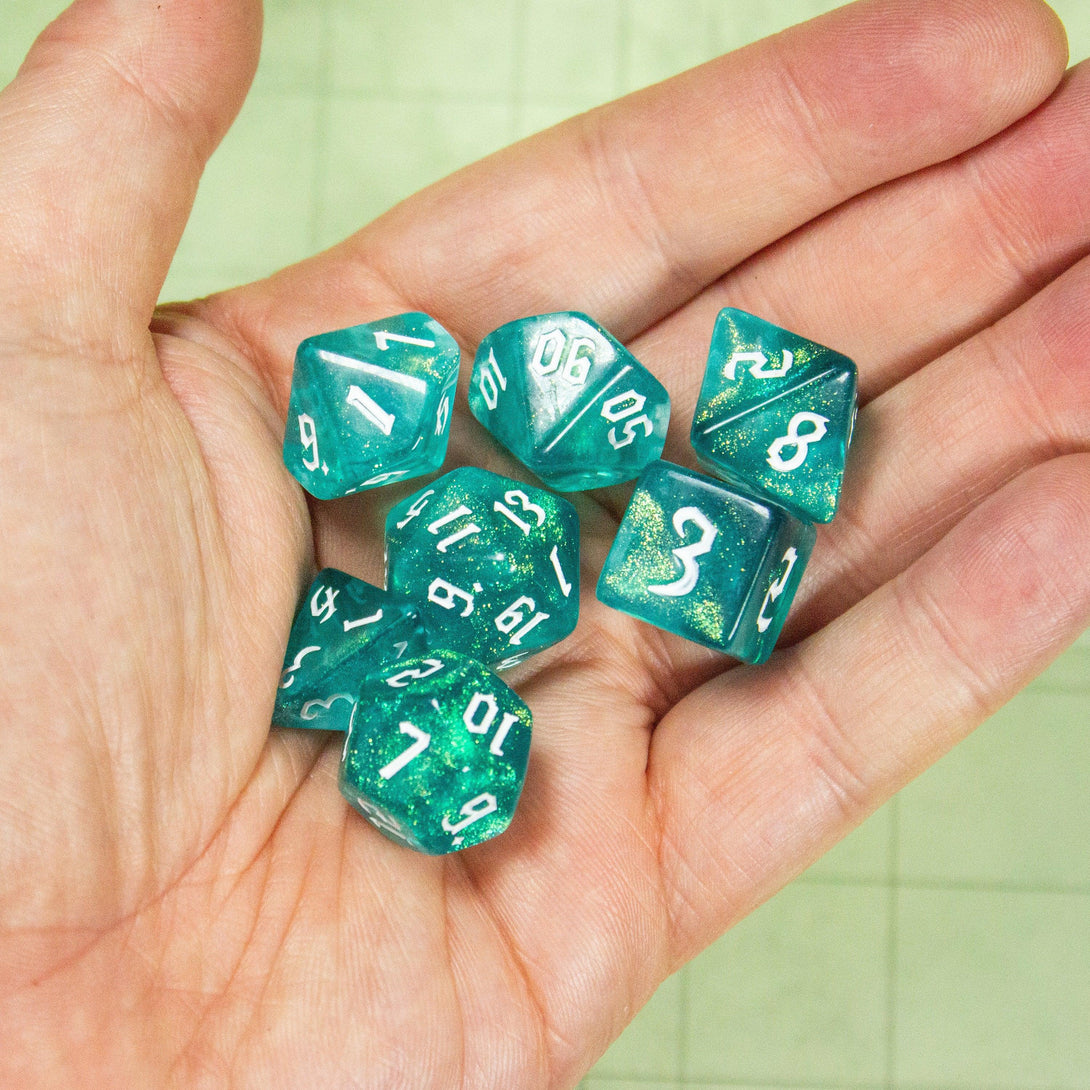 Aqua Fog DnD Dice. Channel the ethereal with these captivating, easy to read premium dice. Give your game a bit of sparkle. - MysteryDiceGoblins