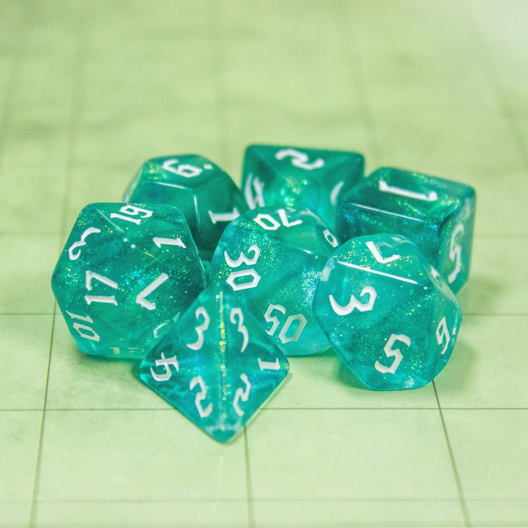 Aqua Fog DnD Dice. Channel the ethereal with these captivating, easy to read premium dice. Give your game a bit of sparkle. - MysteryDiceGoblins