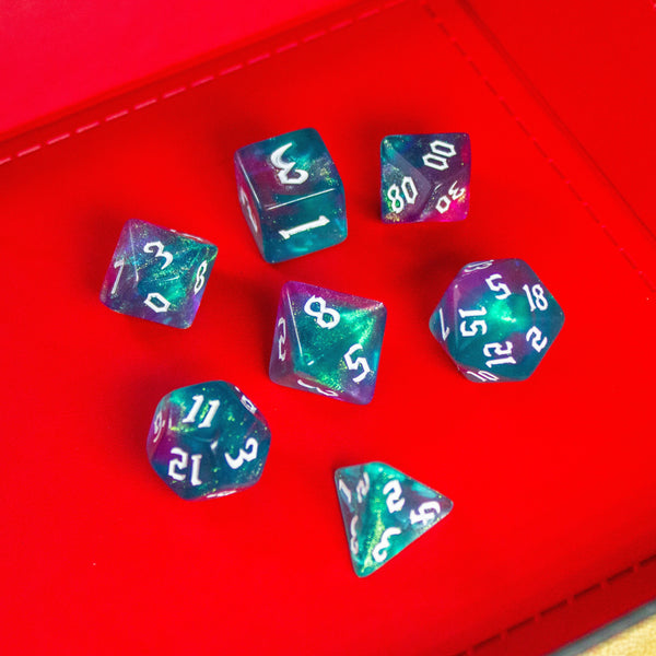 Blue and Purple Fog DnD Dice. Channel the ethereal with these captivating, easy to read premium dice. Give your game a bit of sparkle. - MysteryDiceGoblins